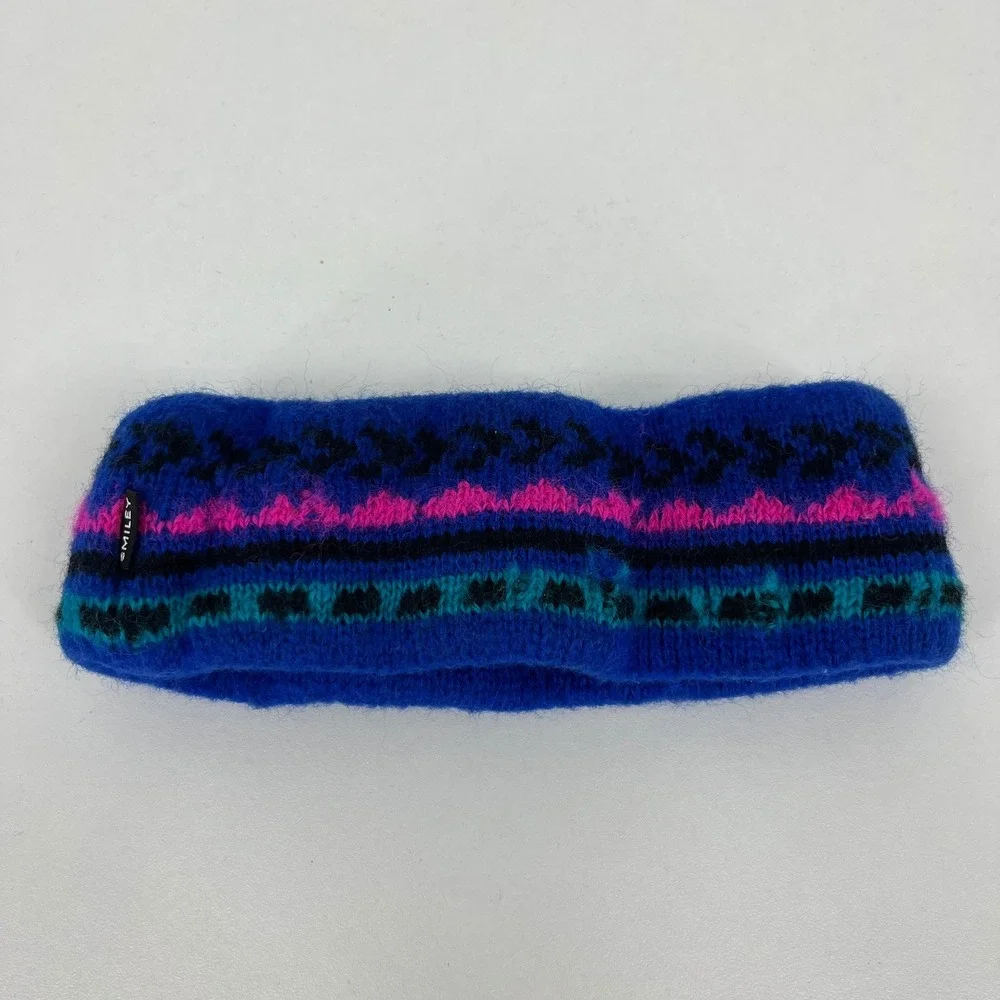 Smiley Womens Blue Wool Knit Fair Isle Winter Headband Ear Warmer Made in USA